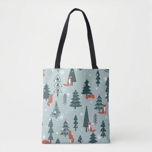 Foxes fir_trees winter colorful pattern tote bag