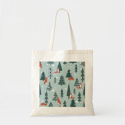 Foxes fir_trees winter colorful pattern tote bag