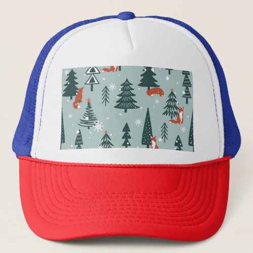 Foxes fir_trees winter colorful pattern trucker hat