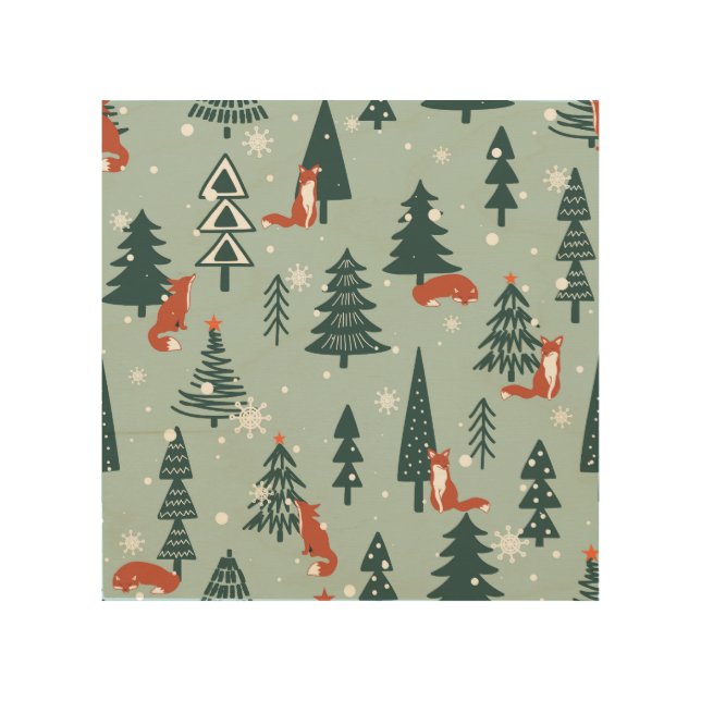 Foxes, fir-trees, winter, colorful pattern wood wall art (Front)