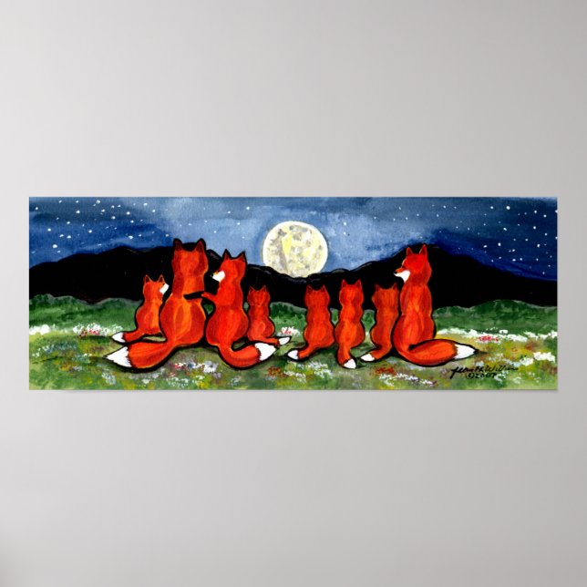 Foxes Fox Family Watching Moon Poster Navy Night (Front)