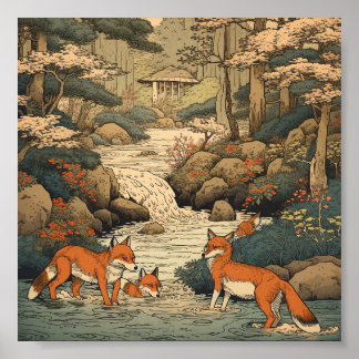 Foxes in japanese landscape poster