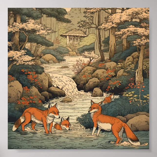 Foxes in japanese landscape poster (Front)