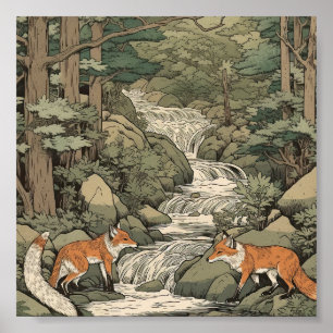 Foxes in japanese landscape poster