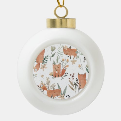 Foxes in Meadows Watercolor Seamless Ceramic Ball Christmas Ornament