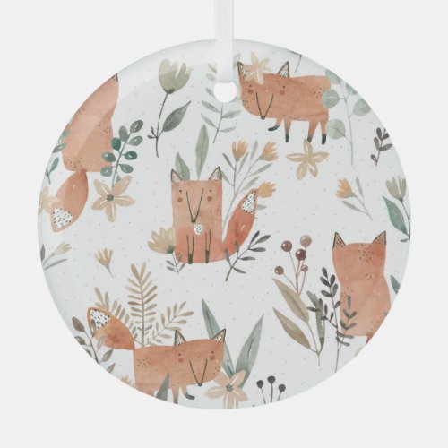 Foxes in Meadows Watercolor Seamless Glass Ornament