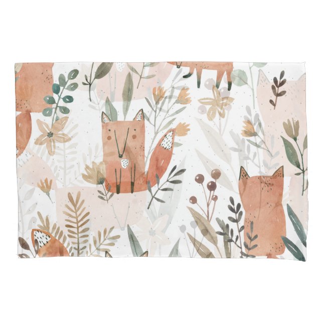 Foxes in Meadows: Watercolor Seamless Pillow Case (Front)