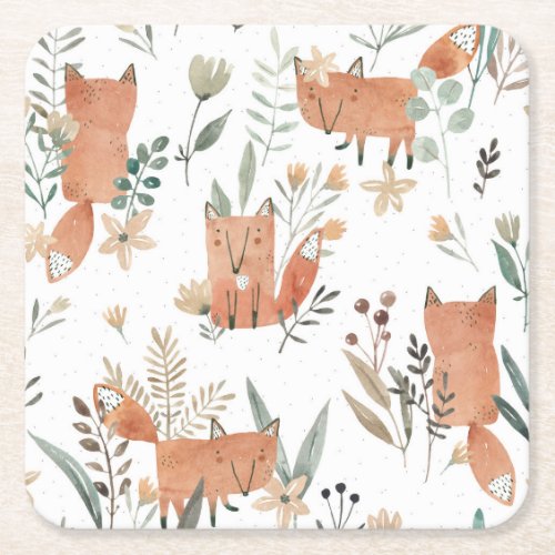 Foxes in Meadows Watercolor Seamless Square Paper Coaster