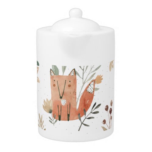 Foxes in Meadows Watercolor Seamless Teapot