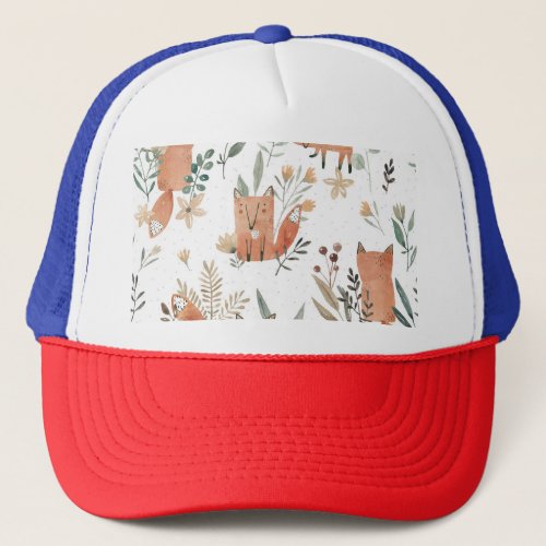 Foxes in Meadows Watercolor Seamless Trucker Hat