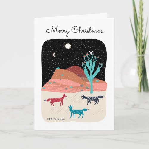 Foxes in night desert with cactus star and bird holiday card