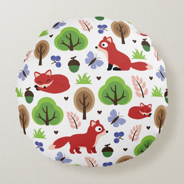 Foxes in the Oak Forest Round Pillow (Front)