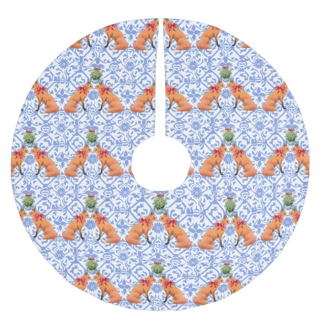 Foxes Kissing Under Mistletoe Blue Chinoiserie Brushed Polyester Tree Skirt (Front)