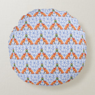 Foxes Kissing Under Mistletoe Blue Chinoiserie Round Pillow