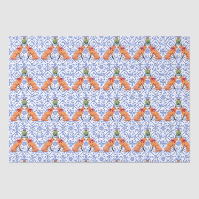 Foxes Kissing Under Mistletoe Blue Chinoiserie Tissue Paper (Front)