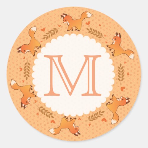 Foxes Laurel and Hearts Wreath with Monogram Classic Round Sticker