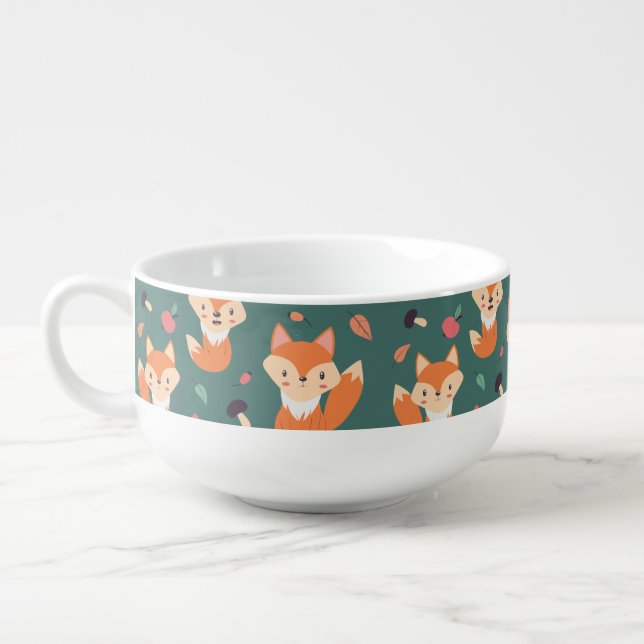 Foxes on forest green, cute pattern  soup mug (Right)