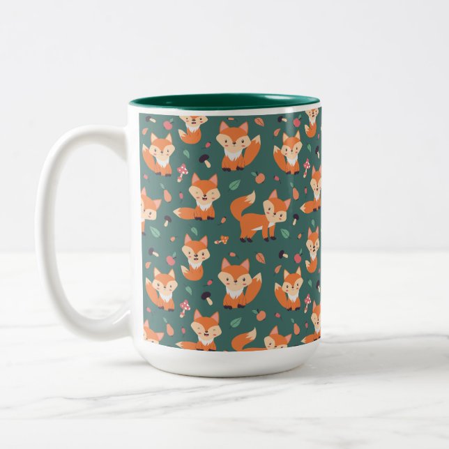 Foxes on forest green, cute pattern  Two-Tone coffee mug (Left)