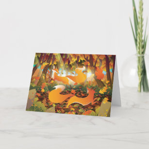 Foxes Playing in Autumn Forest Holiday Card