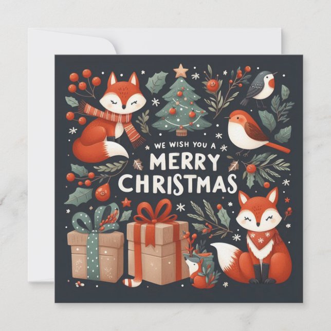 Foxes, Robins, Gift Boxes Merry Christmas  Holiday Card (Front)