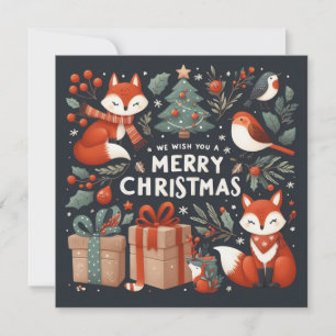 Foxes, Robins, Gift Boxes Merry Christmas Holiday Card