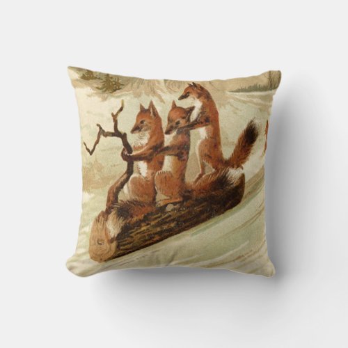 Foxes Sleigh Ride on Log Vintage Christmas Print Throw Pillow