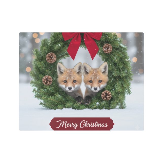 Foxes Snowfall Christmas Wishes Metal Wall Art (Front)
