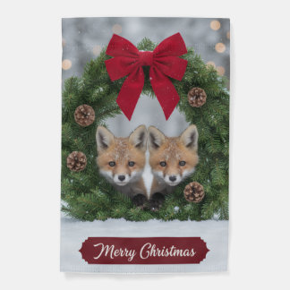 Foxes Snowy Christmas Wreath Wishes - Garden Flag