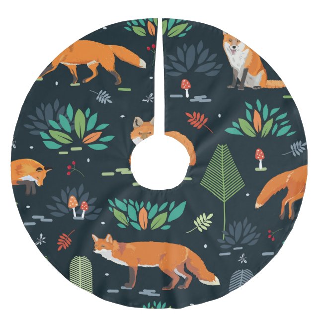 Foxes Trees Leaves Dark Background Brushed Polyester Tree Skirt (Front)
