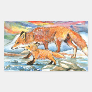 Foxes Walking by Riverbank Rectangular Sticker