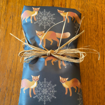Foxes With Giant Snowflakes On Dark Blue Wrapping Paper by spacetempodesign at Zazzle