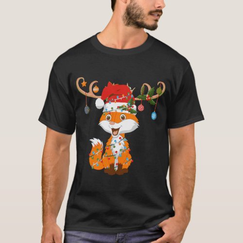 Foxes Xmas Gift Lighting Reindeer Santa Hat Fox Ch T_Shirt