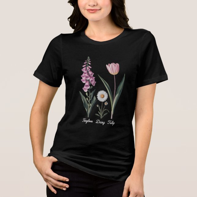 Foxglove Daisy Tulip Floral Illustration Tri-Blend Shirt (Front)