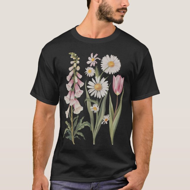Foxglove Daisy Tulip Wildflower Garden Harmony Des T-Shirt (Front)