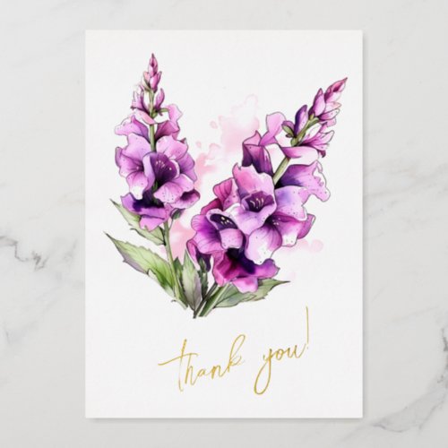 Foxglove Flower Thank you Editable Foil Holiday Card