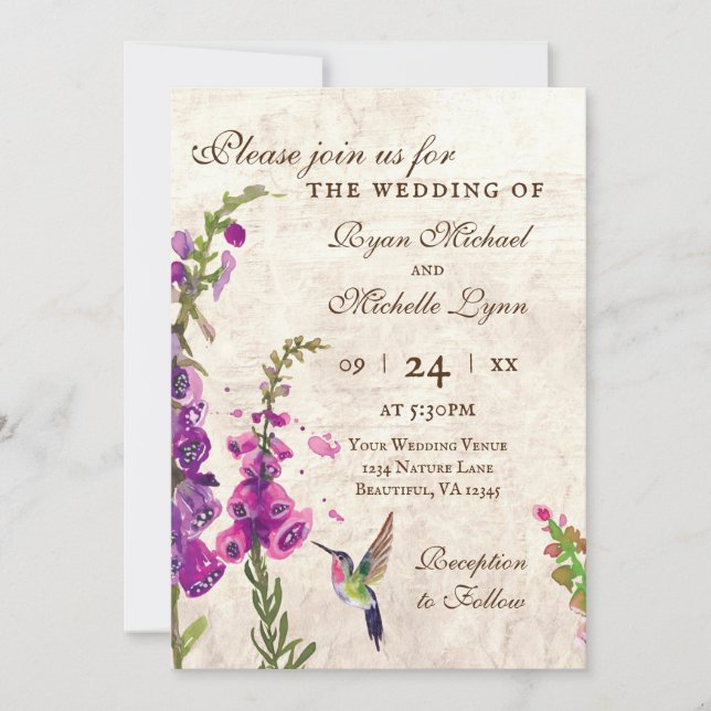 Foxglove Flowers and Hummingbird Garden Wedding Invitation (Front)