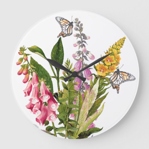 Foxglove Flowers Floral Butterflies Wall Clock