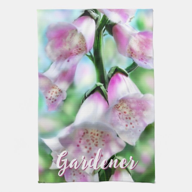 Foxglove Flowers Floral Pink Garden Personalized Kitchen Towel (Vertical)