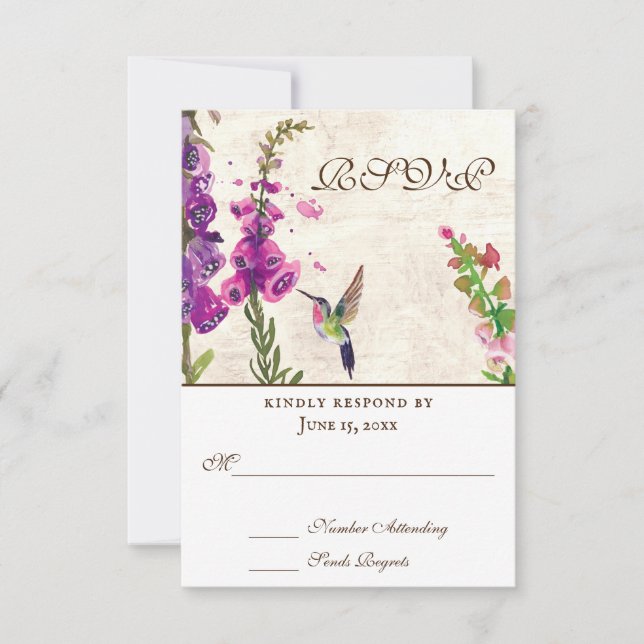 Foxglove Flowers, Hummingbird All In One Wedding RSVP Card (Front)