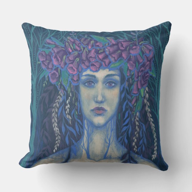 Foxgloves dryad beautiful girl surreal fantasy art throw pillow (Front)