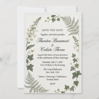 Foxgloves, Ivy Leaves, Fern Fronds, Double Line Bo Invitation