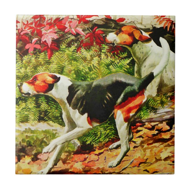 Foxhounds-English&American - in autumn wood   Ceramic Tile (Front)