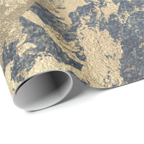Foxier Blue Gray Gold Marble Shiny Metallic Grungy Wrapping Paper