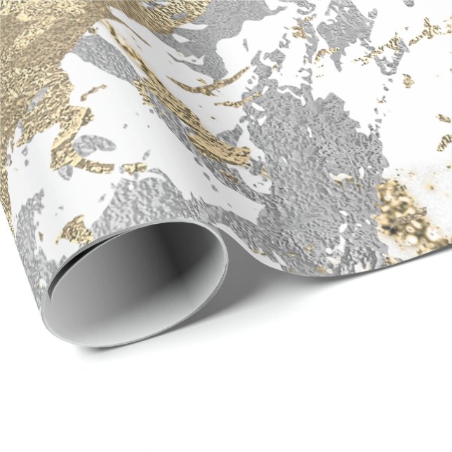 Foxier Champagne Gold Marble Shiny Metallic White Wrapping Paper (Roll Corner)