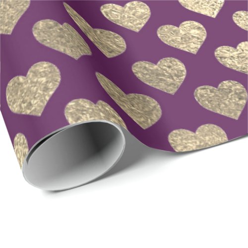 Foxier Gold Glitter Metallic Purple Plum Hearts Wrapping Paper