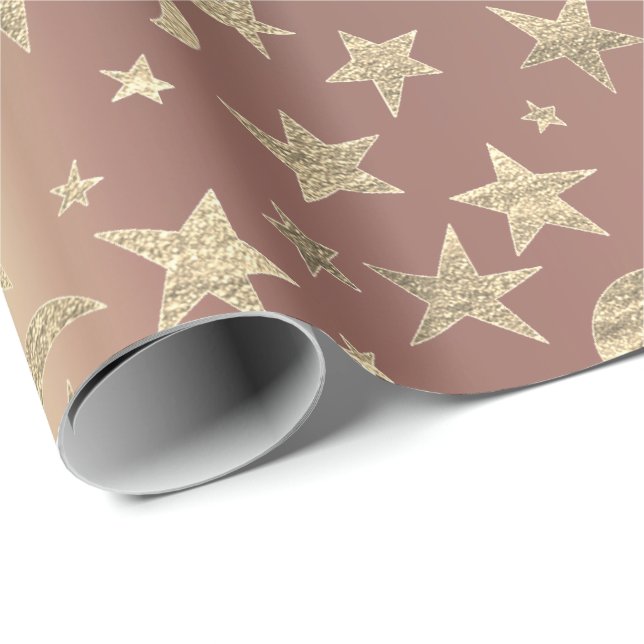 Foxier Stars Moon Gold Sky Pink Rose Blush Metal Wrapping Paper (Roll Corner)