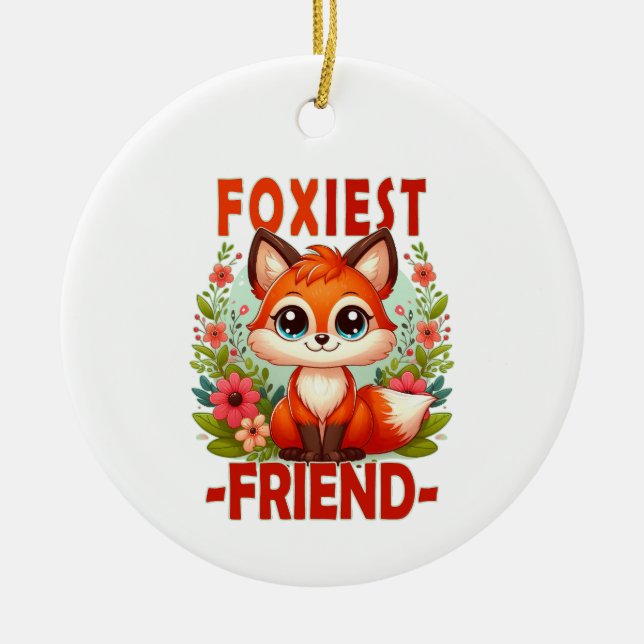 Foxiest Friend pun. Cute Baby Fox puppy cartoon Ceramic Ornament (Front)