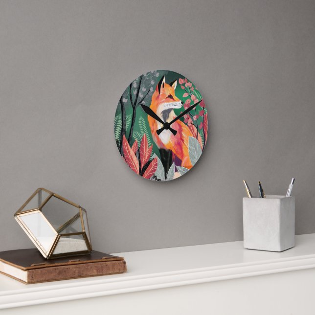 Fox's Enchanted Forest Hand-Painted Nature Illustr Round Clock (Office)