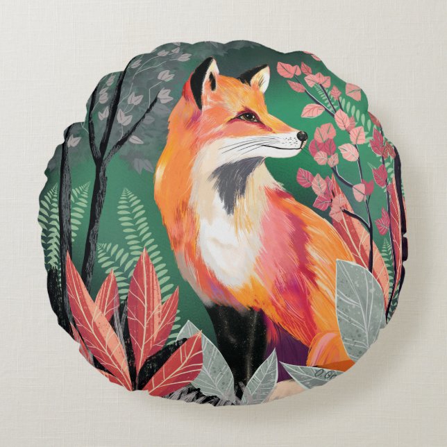 Fox's Enchanted Forest Hand-Painted Nature Illustr Round Pillow (Front)