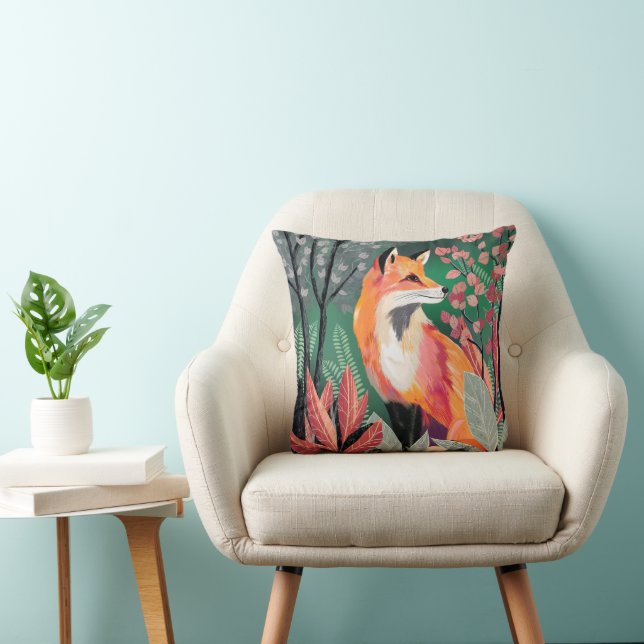 Fox's Enchanted Forest Hand-Painted Nature Illustr Throw Pillow (Chair)